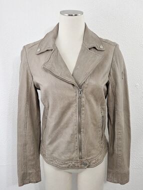 Mauritius taupe gray brown leather moto jacket women's size 8